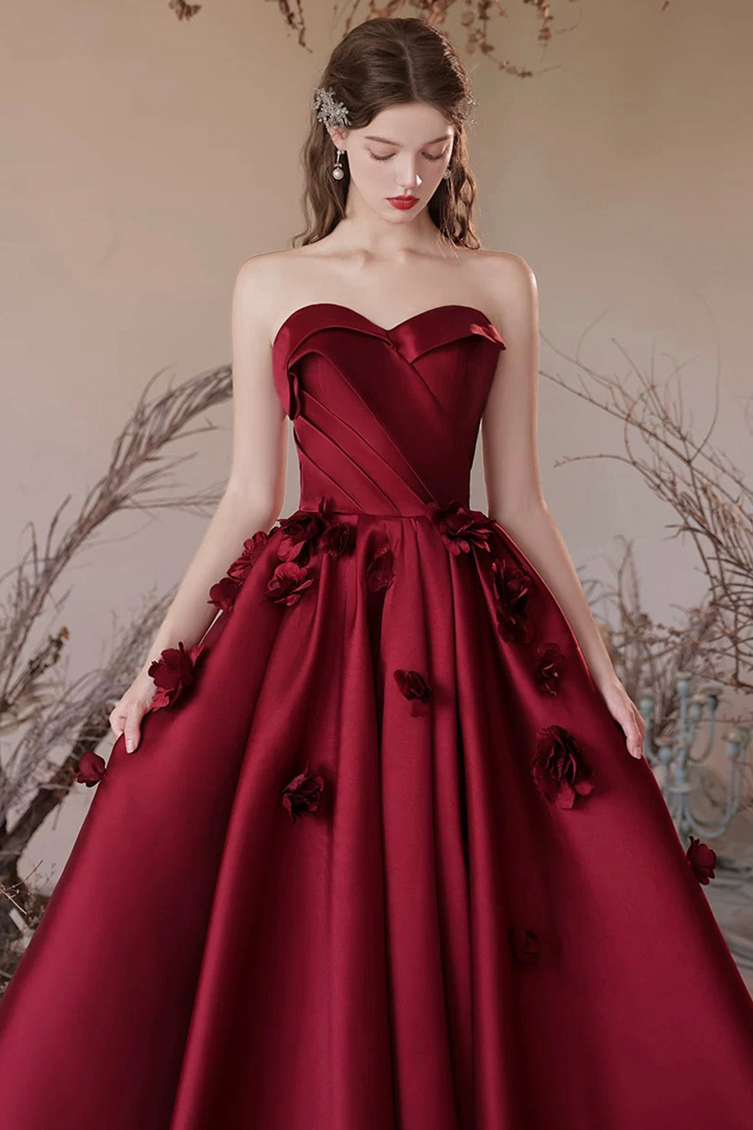 Burgundy Satin Floor Length Prom Dress, A-Line Strapless Evening Party Dress