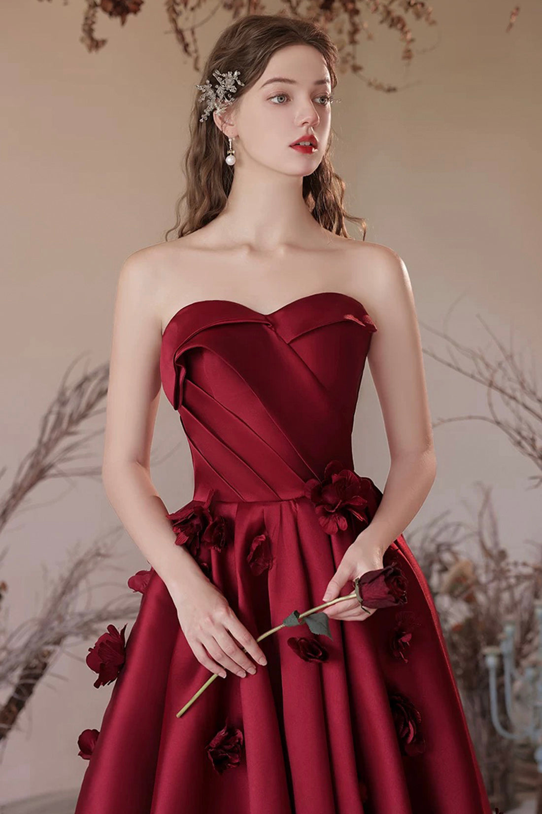 Burgundy Satin Floor Length Prom Dress, A-Line Strapless Evening Party Dress