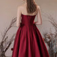 Burgundy Satin Floor Length Prom Dress, A-Line Strapless Evening Party Dress