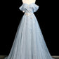 Blue Tulle Flowers Long Prom Dresses, A-Line Off the Shoulder Evening Formal Dresses