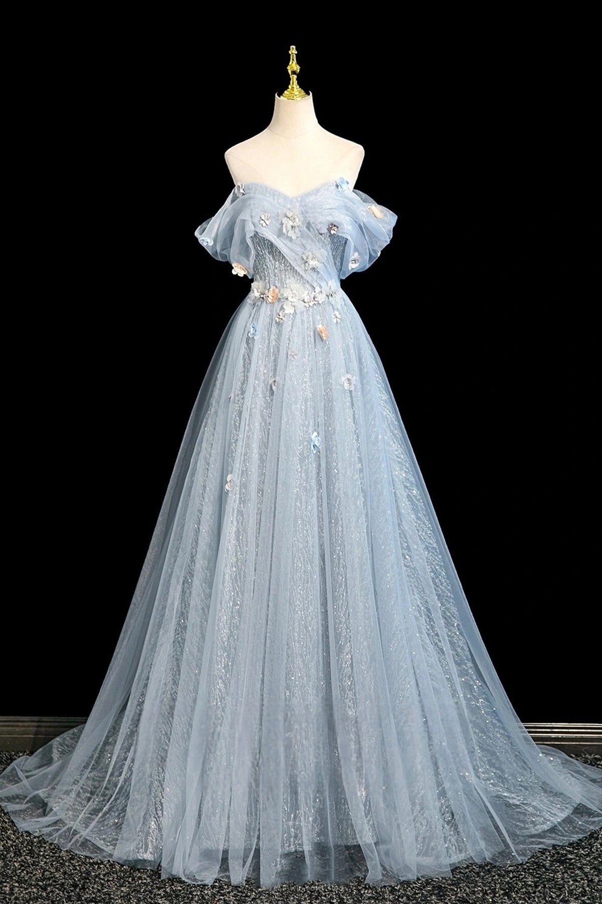 Blue Tulle Flowers Long Prom Dresses, A-Line Off the Shoulder Evening Formal Dresses