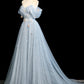 Blue Tulle Flowers Long Prom Dresses, A-Line Off the Shoulder Evening Formal Dresses