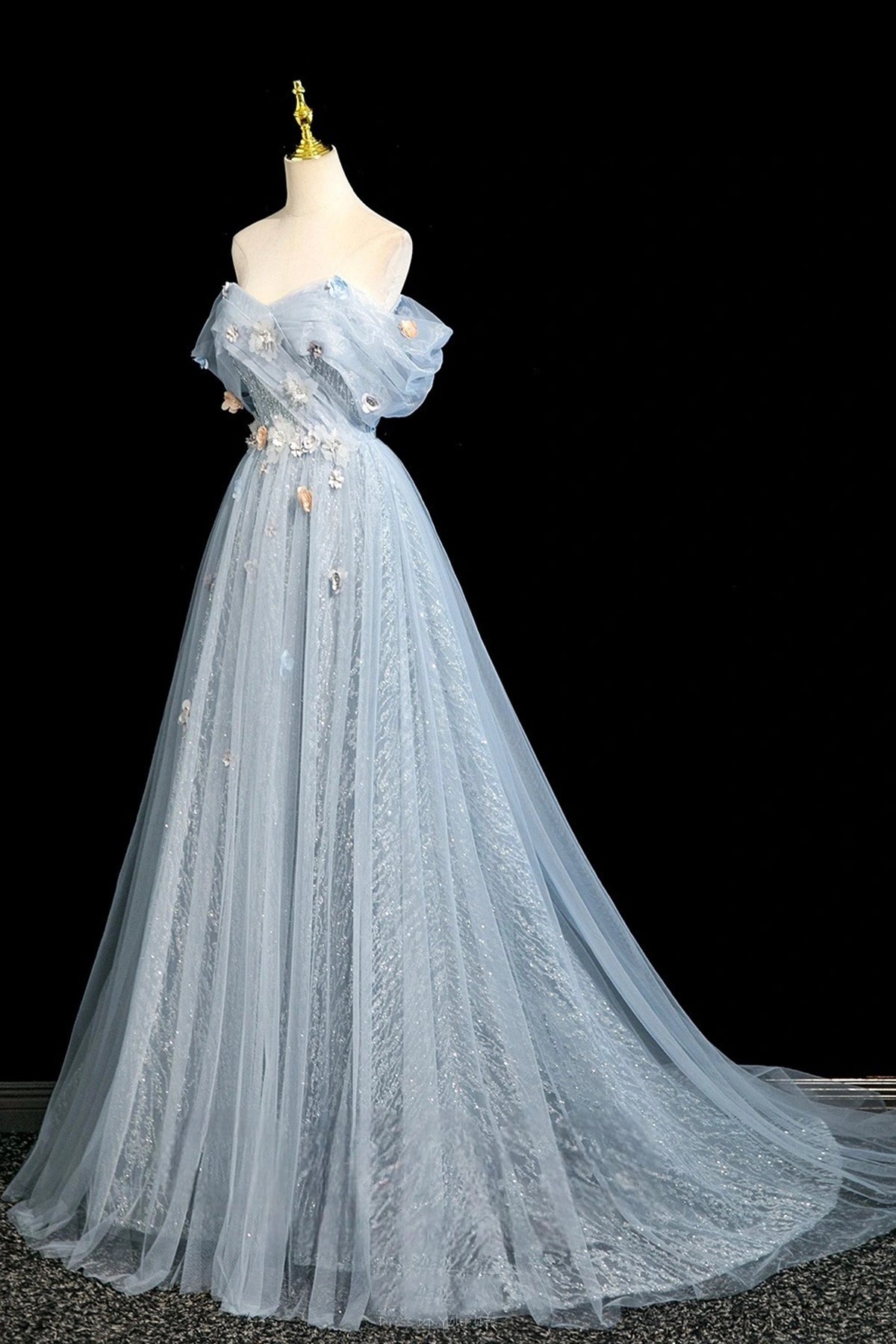 Blue Tulle Flowers Long Prom Dresses, A-Line Off the Shoulder Evening Formal Dresses