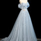 Blue Tulle Flowers Long Prom Dresses, A-Line Off the Shoulder Evening Formal Dresses