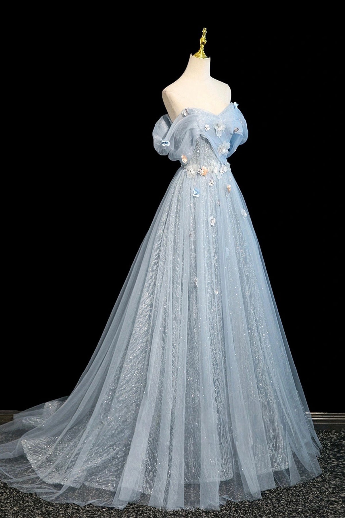 Blue Tulle Flowers Long Prom Dresses, A-Line Off the Shoulder Evening Formal Dresses