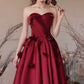 Burgundy Satin Floor Length Prom Dress, A-Line Strapless Evening Party Dress