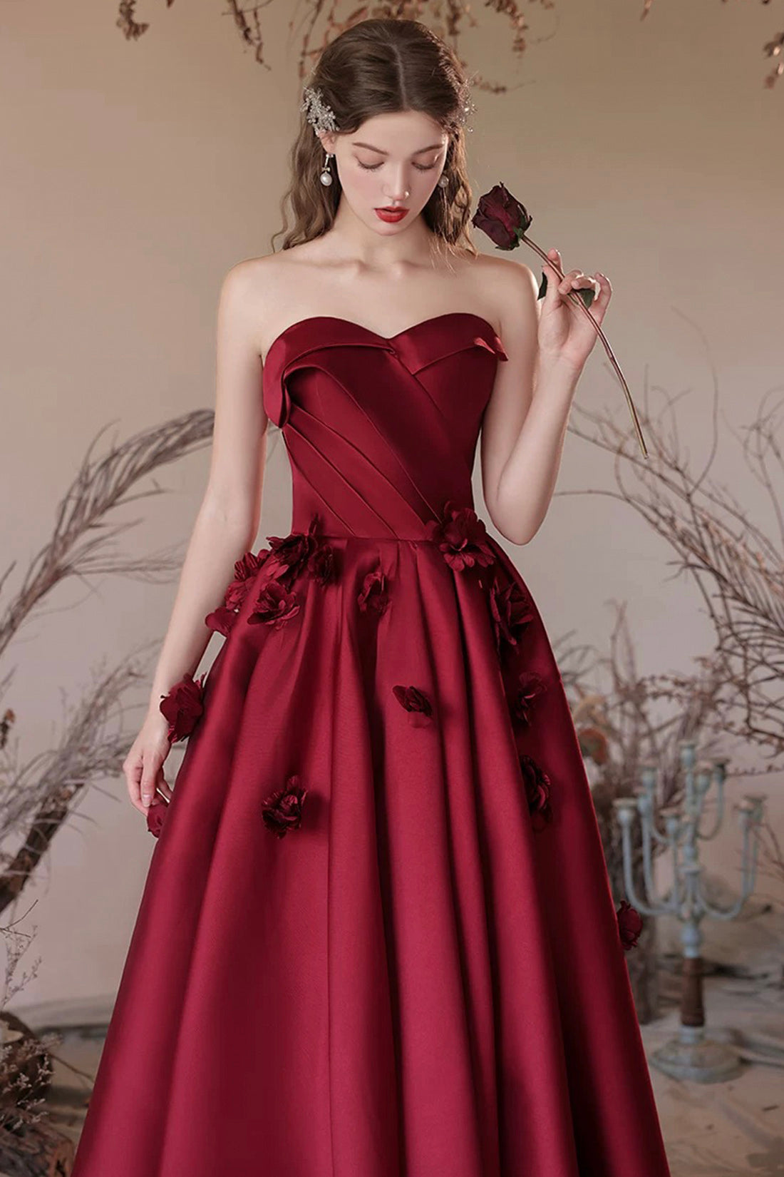 Burgundy Satin Floor Length Prom Dress, A-Line Strapless Evening Party Dress