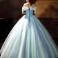 Blue Tulle Long Princess Dress Sweet 16 Dress, Off the Shoulder A-Line Evening Party Dress