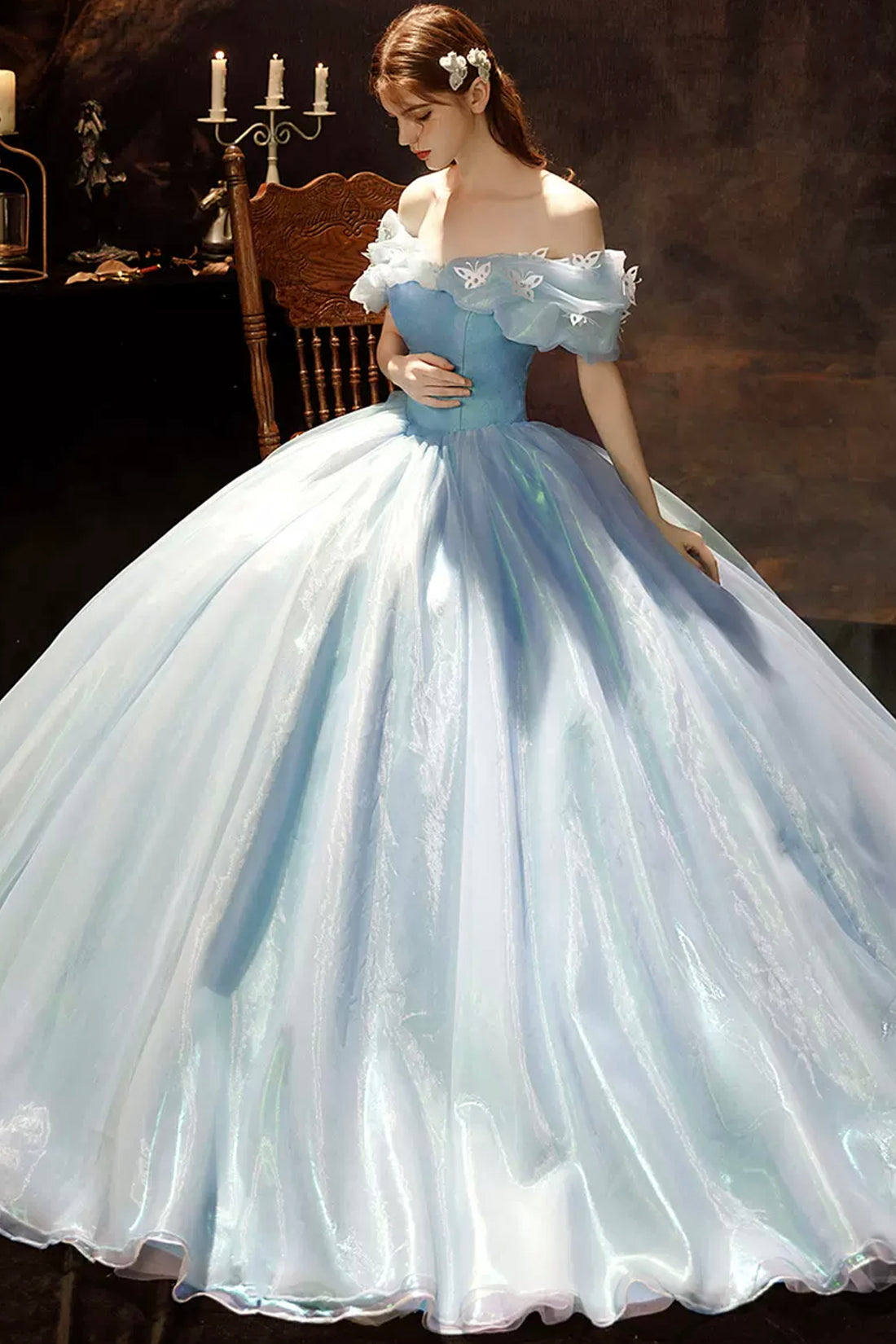Blue Tulle Long Princess Dress Sweet 16 Dress, Off the Shoulder A-Line Evening Party Dress
