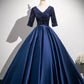 Elegant Navy Satin Sequins Long Prom Dress, A-Line V-Neck Evening Party Dress