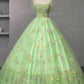 Green Floral Tulle Long Prom Dress, Beautiful A-Line Formal Evening Dress