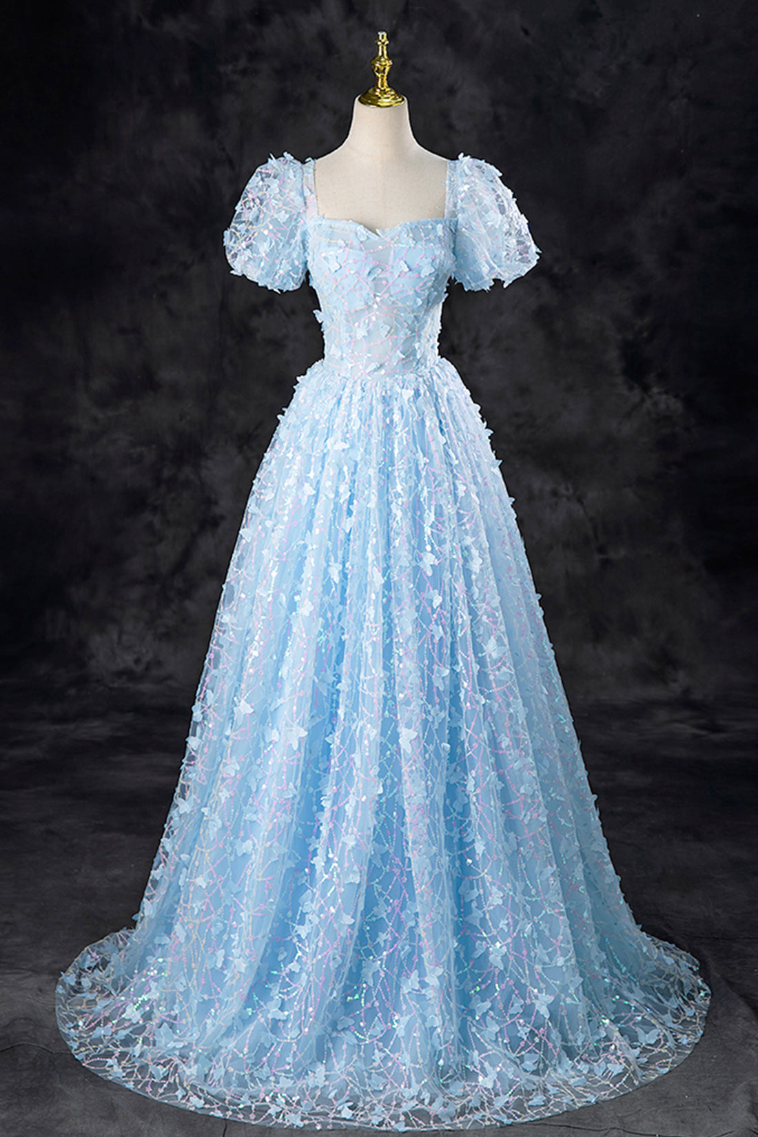 Blue Tulle Sweetheart Floor Length Party Dress, A-Line Short Sleeves Evening Party Dress