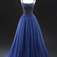 Blue Tulle Beads Long Prom Dress, A-Line Backless Evening Party Dress