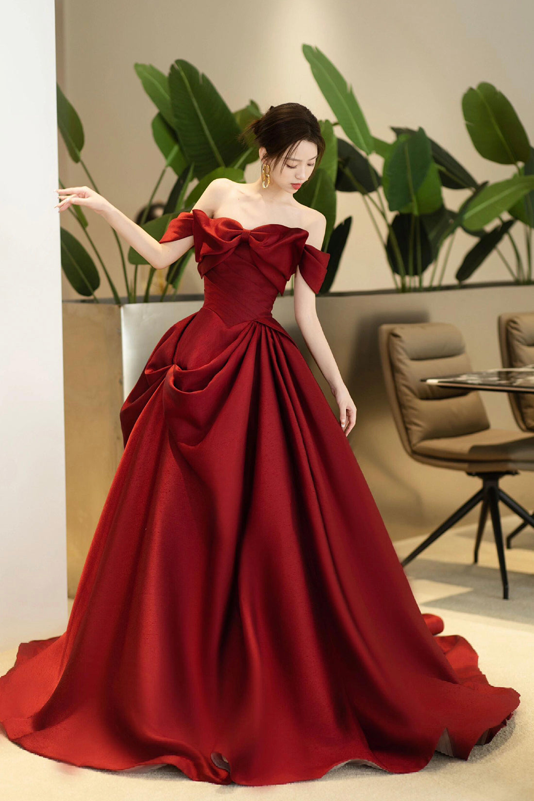 Burgundy Satin Long Prom Dress, Beautiful Off the Shoulder Evening Party Dress