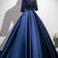 Elegant Navy Satin Sequins Long Prom Dress, A-Line V-Neck Evening Party Dress