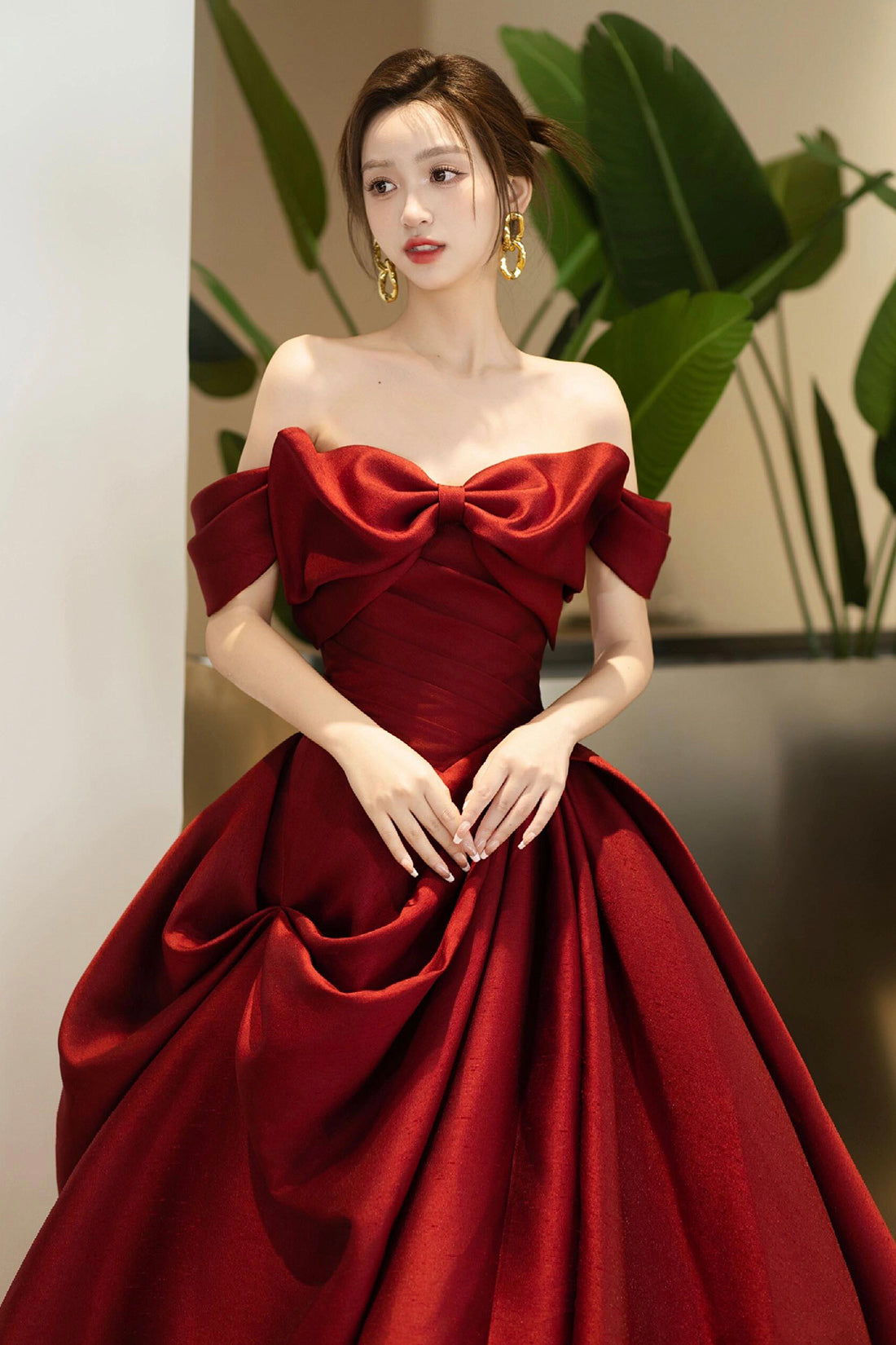 Burgundy Satin Long Prom Dress, Beautiful Off the Shoulder Evening Party Dress