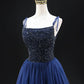 Blue Tulle Beads Long Prom Dress, A-Line Backless Evening Party Dress