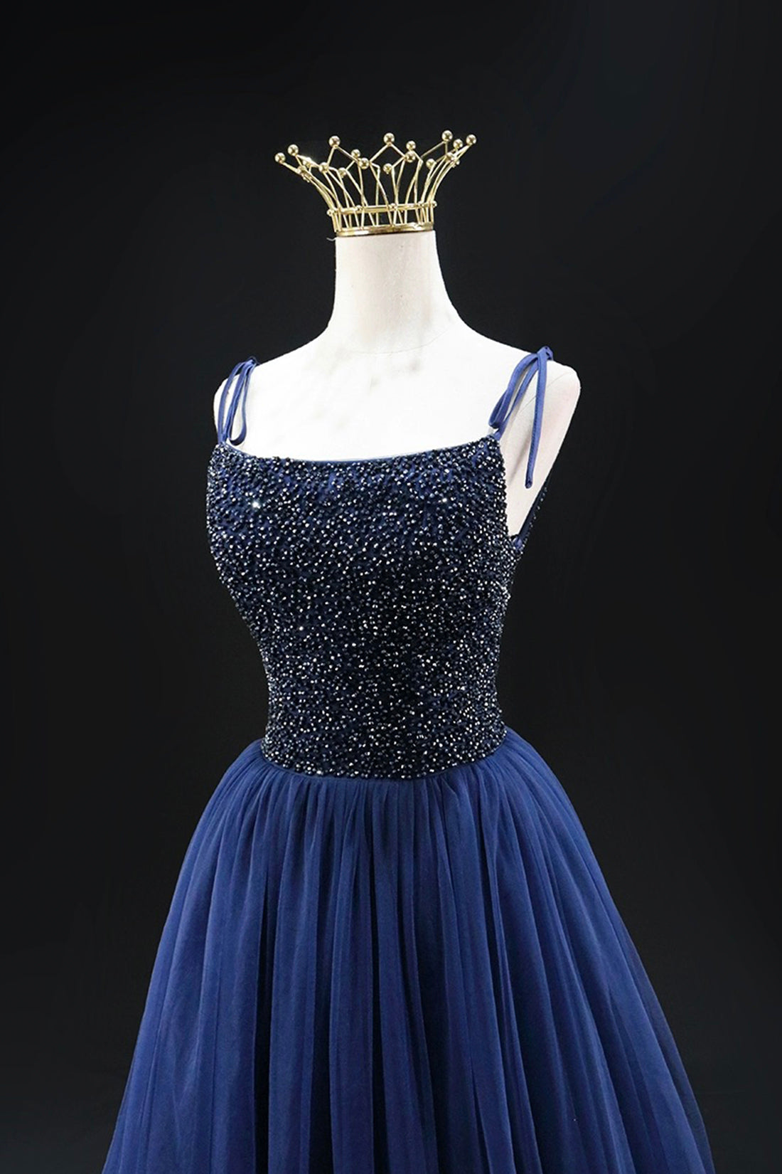 Blue Tulle Beads Long Prom Dress, A-Line Backless Evening Party Dress