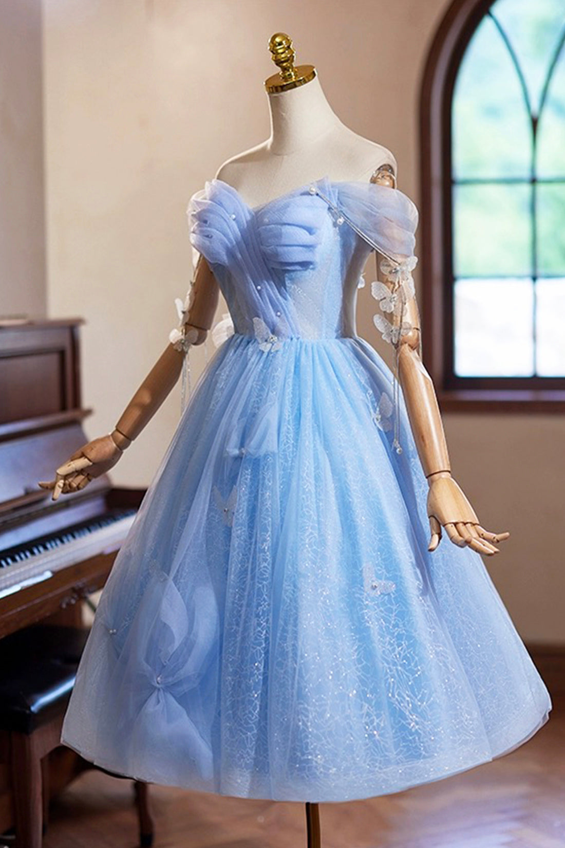 Sky Blue Glitter Pearl Tulle Short Prom Dress, Beautiful A-Line Off the Shoulder Evening Party Dress