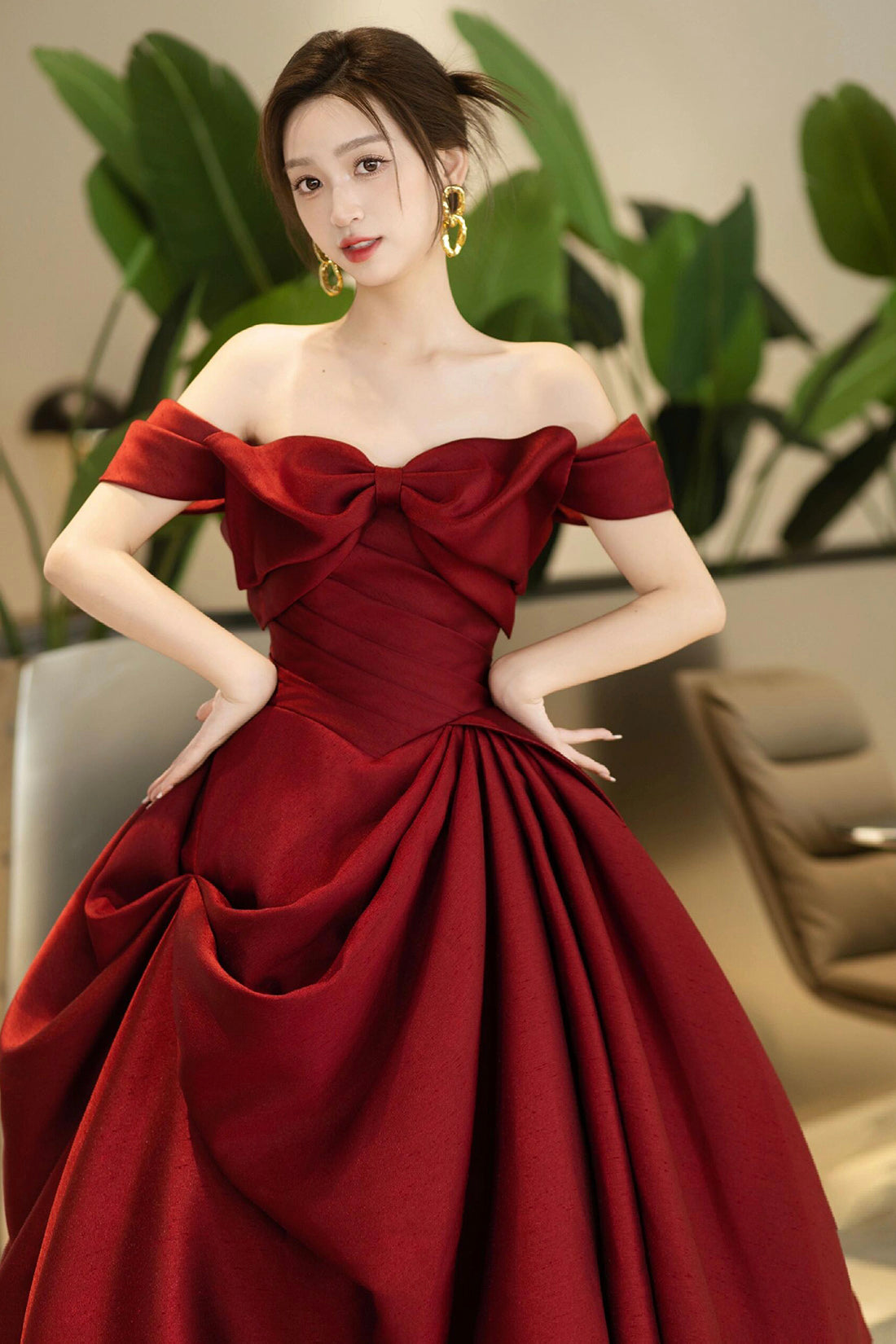 Burgundy Satin Long Prom Dress, Beautiful Off the Shoulder Evening Party Dress