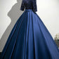 Elegant Navy Satin Sequins Long Prom Dress, A-Line V-Neck Evening Party Dress