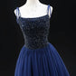 Blue Tulle Beads Long Prom Dress, A-Line Backless Evening Party Dress