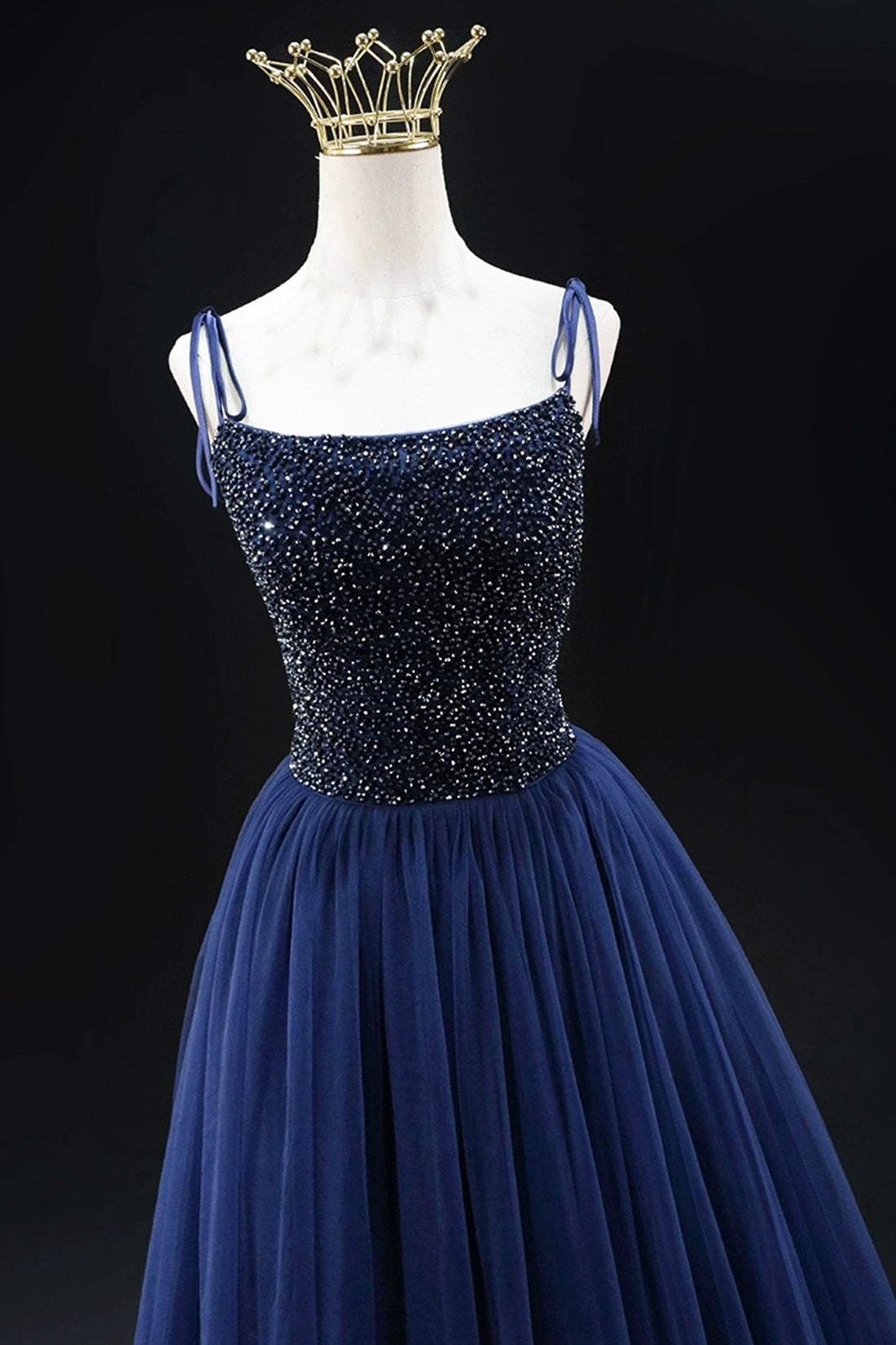 Blue Tulle Beads Long Prom Dress, A-Line Backless Evening Party Dress