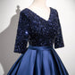 Elegant Navy Satin Sequins Long Prom Dress, A-Line V-Neck Evening Party Dress