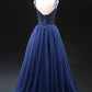 Blue Tulle Beads Long Prom Dress, A-Line Backless Evening Party Dress