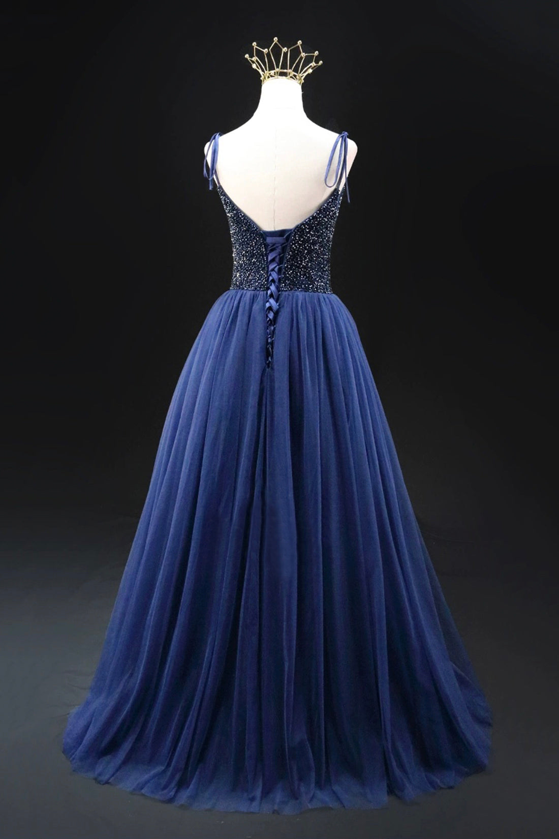 Blue Tulle Beads Long Prom Dress, A-Line Backless Evening Party Dress