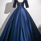 Elegant Navy Satin Sequins Long Prom Dress, A-Line V-Neck Evening Party Dress