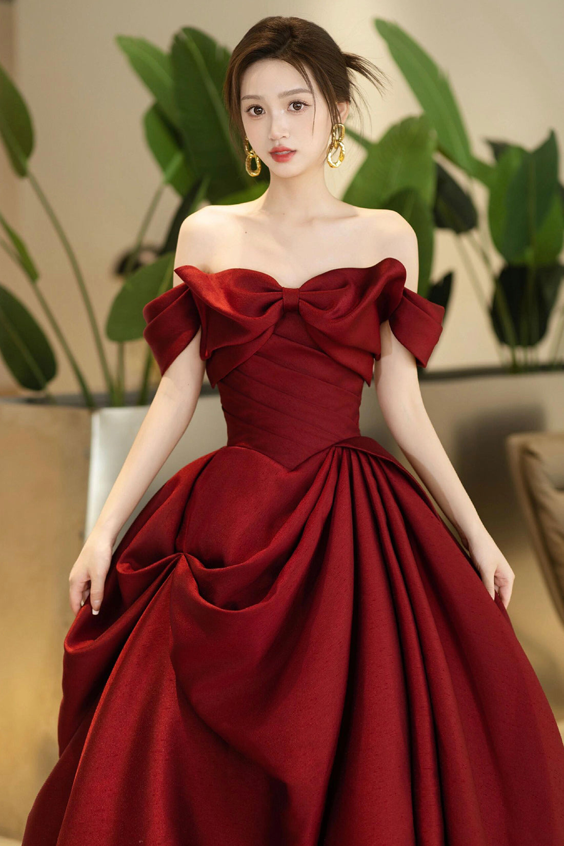 Burgundy Satin Long Prom Dress, Beautiful Off the Shoulder Evening Party Dress