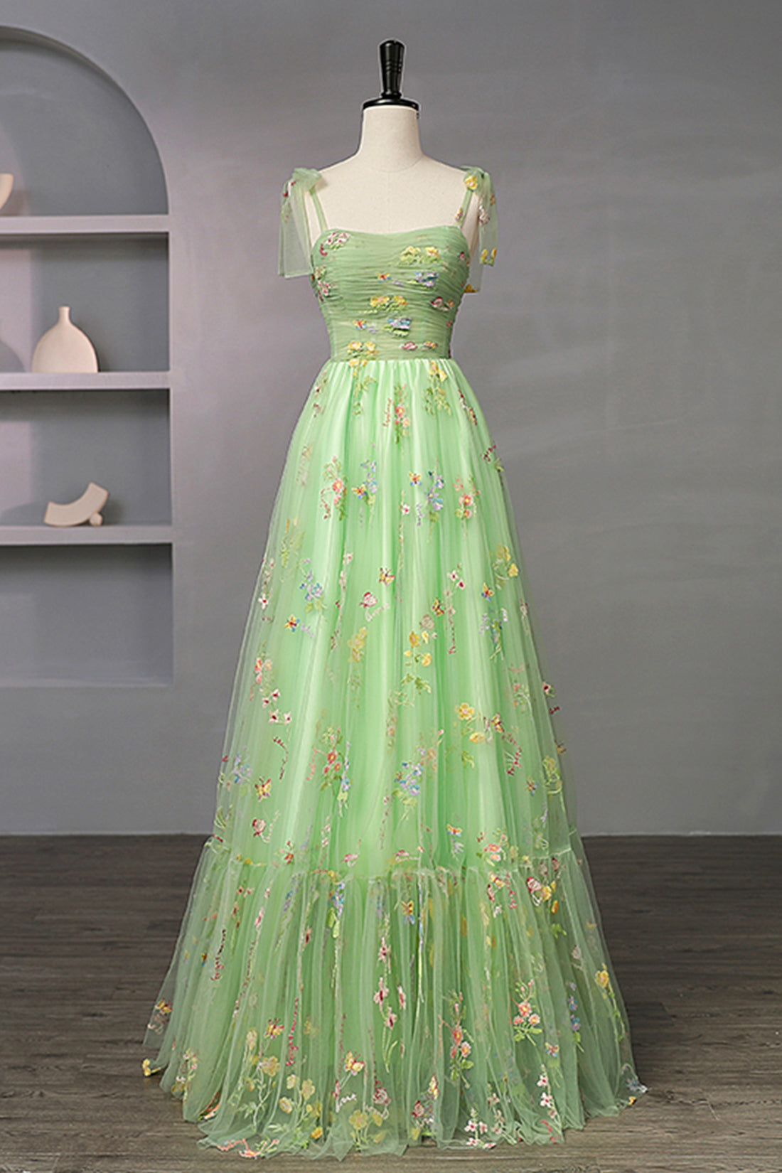 Green Floral Tulle Long Prom Dress, Beautiful A-Line Formal Evening Dress