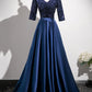 Elegant Navy Satin Sequins Long Prom Dress, A-Line V-Neck Evening Party Dress