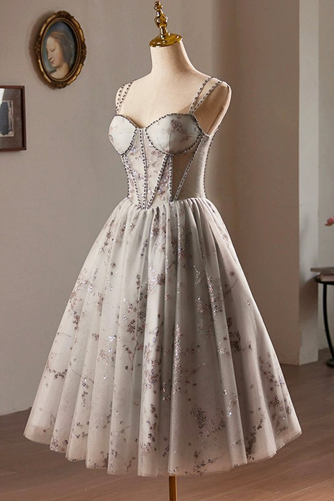 Gray Beading Sequins Short A-Line Party Dress, Lovely Spaghetti Straps Backless Evening Dress