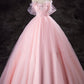 Pink Tulle Beaded Long Prom Dress, Beautiful A-Line Evening Party Dress