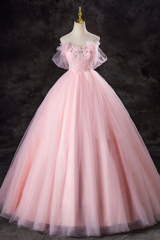 Pink Tulle Beaded Long Prom Dress, Beautiful A-Line Evening Party Dress