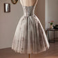 Gray Beading Sequins Short A-Line Party Dress, Lovely Spaghetti Straps Backless Evening Dress