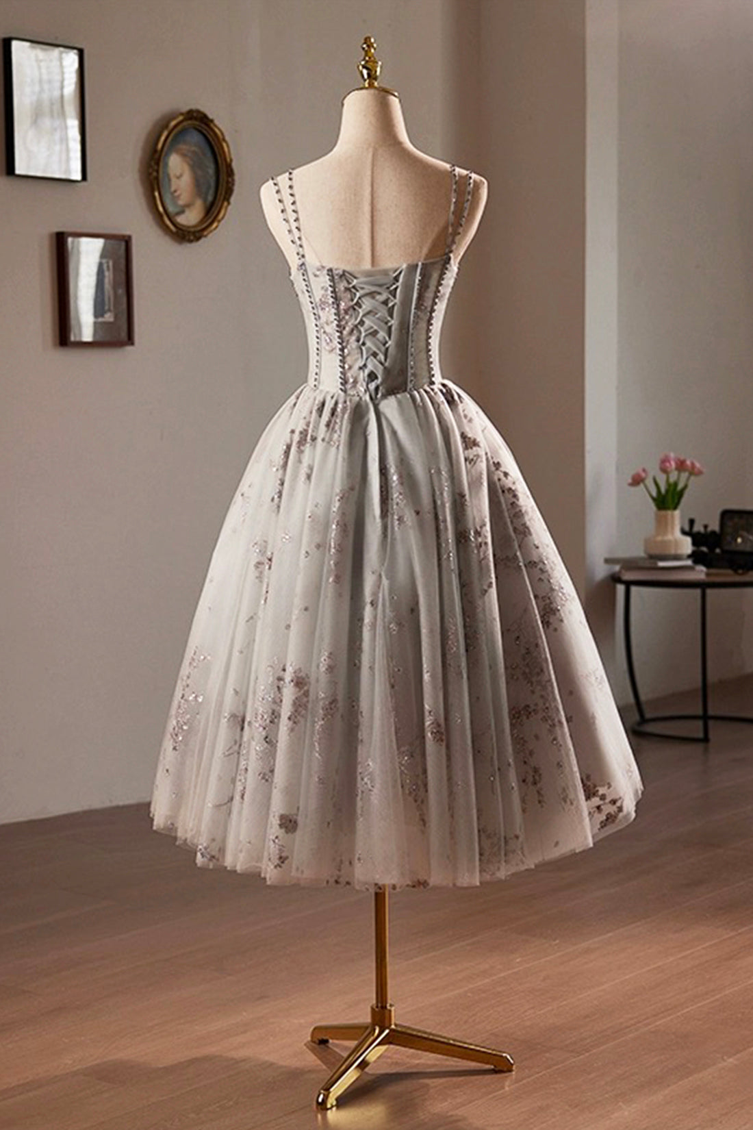 Gray Beading Sequins Short A-Line Party Dress, Lovely Spaghetti Straps Backless Evening Dress