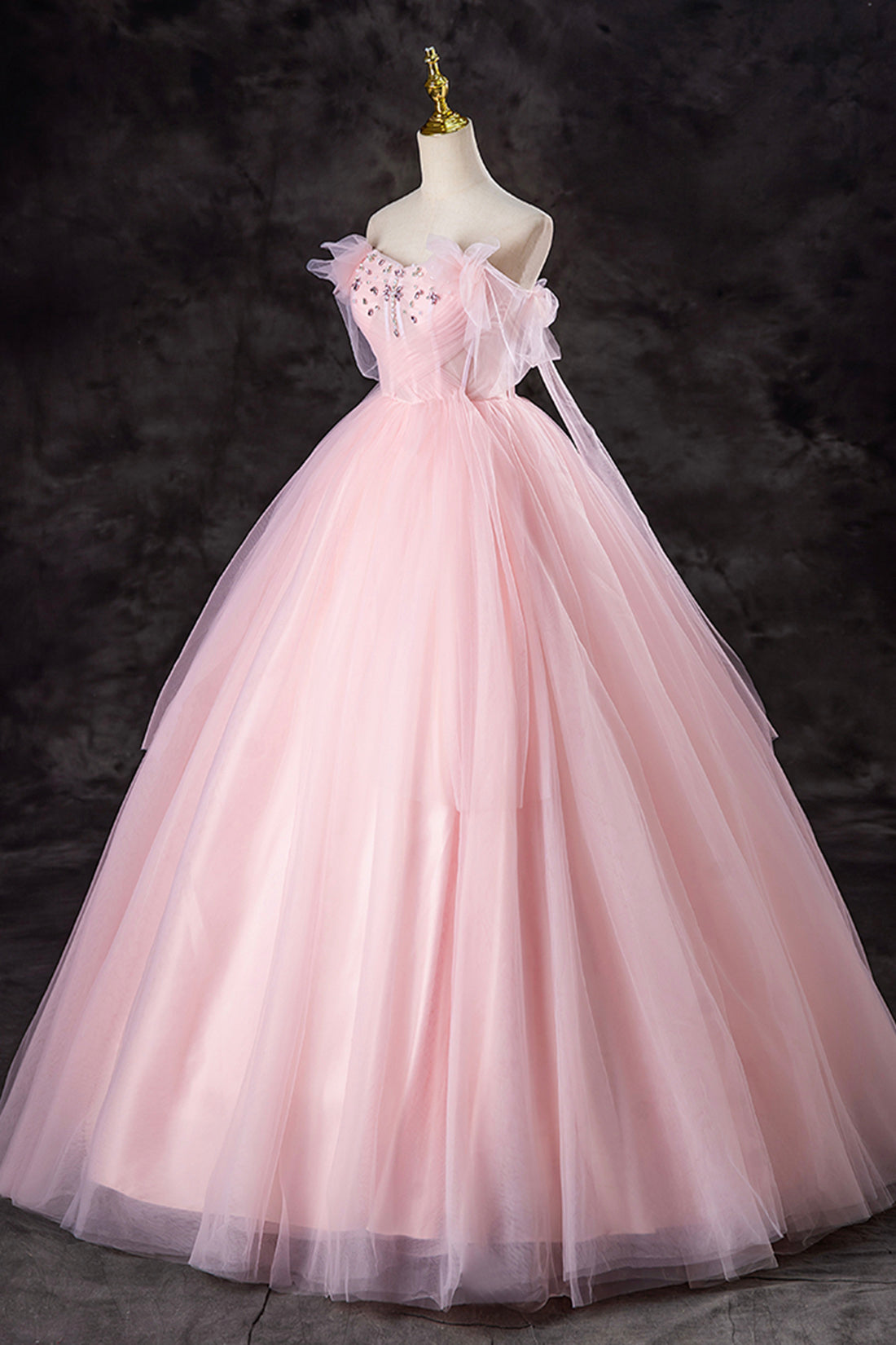 Pink Tulle Beaded Long Prom Dress, Beautiful A-Line Evening Party Dress