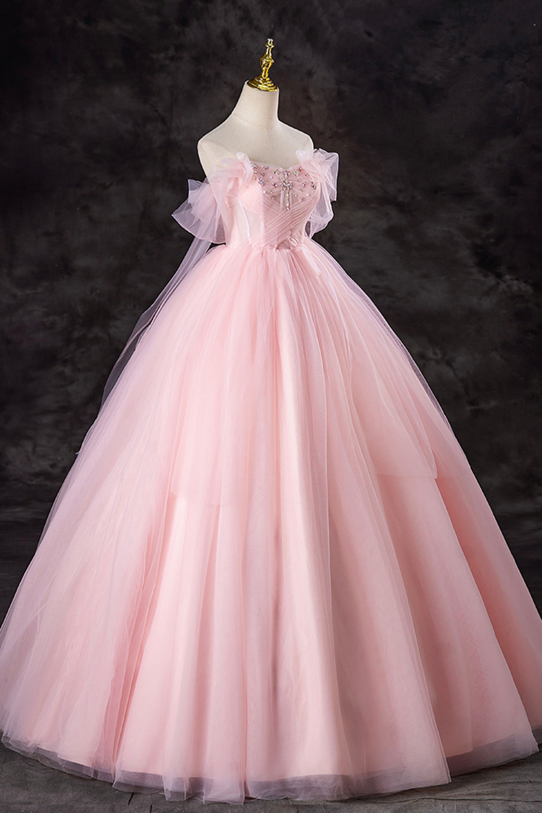 Pink Tulle Beaded Long Prom Dress, Beautiful A-Line Evening Party Dress