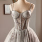 Gray Beading Sequins Short A-Line Party Dress, Lovely Spaghetti Straps Backless Evening Dress