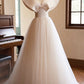 Champagne Tulle Floor Length Prom Dresses, A-Line V-Neck Formal Party Dresses