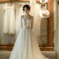 Light Champagne Tulle Lace Long A-Line Strapless Prom Dress