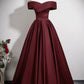 Burgundy Satin Long Prom Dress, A-Line V-Neck Formal Party Dress