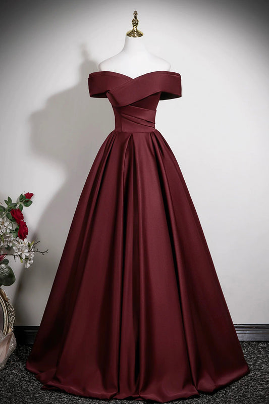 Burgundy Satin Long Prom Dress, A-Line V-Neck Formal Party Dress