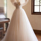 Champagne Tulle Floor Length Prom Dresses, A-Line V-Neck Formal Party Dresses