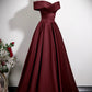 Burgundy Satin Long Prom Dress, A-Line V-Neck Formal Party Dress