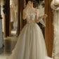 Light Champagne Tulle Lace Long A-Line Strapless Prom Dress