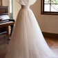 Champagne Tulle Floor Length Prom Dresses, A-Line V-Neck Formal Party Dresses